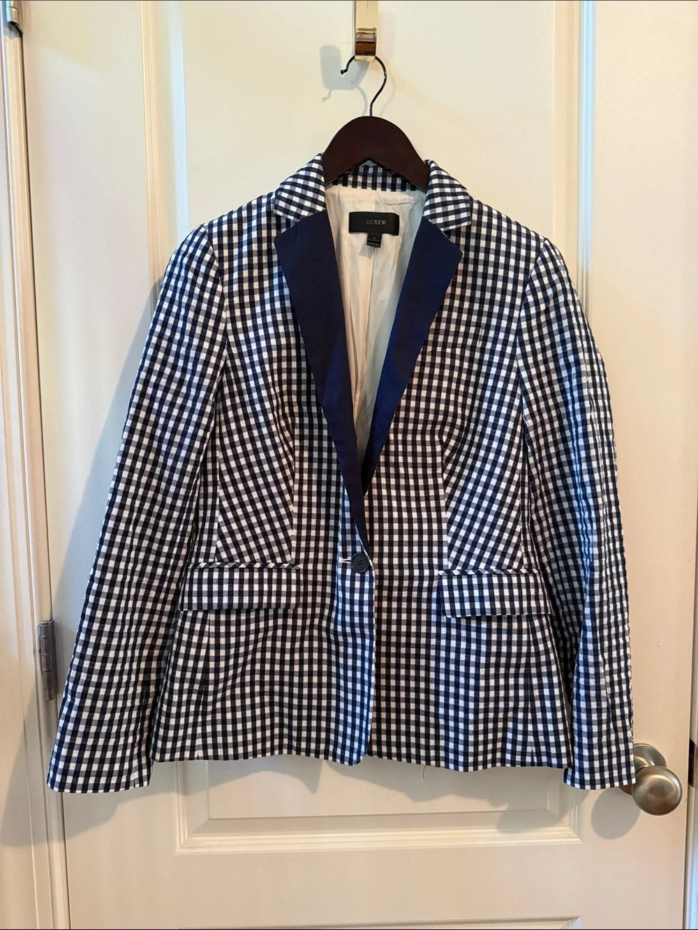 J. Crew Navy and White Gingham Blazer with Contrast Lapel
